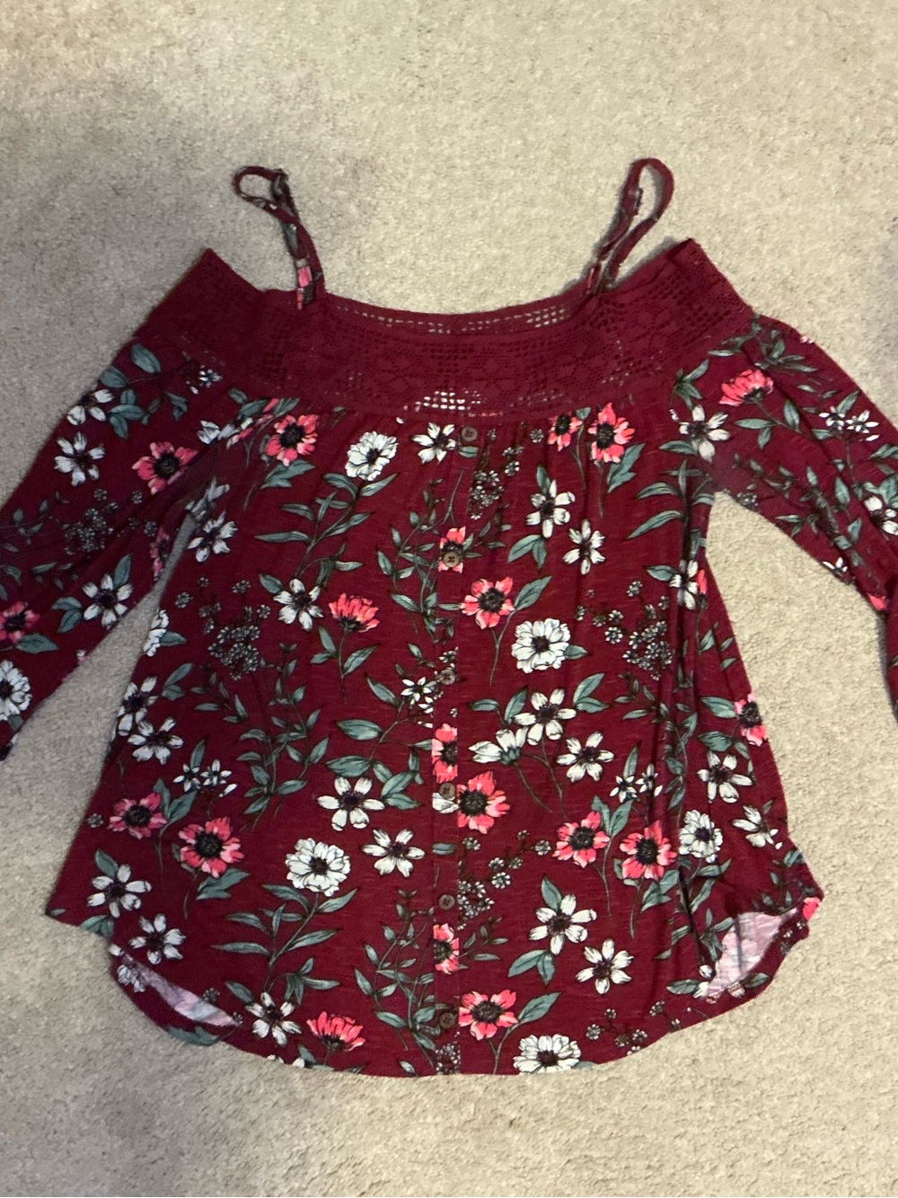 Aeropostale Burgundy Floral Off-Shoulder Short Sleeve Top
